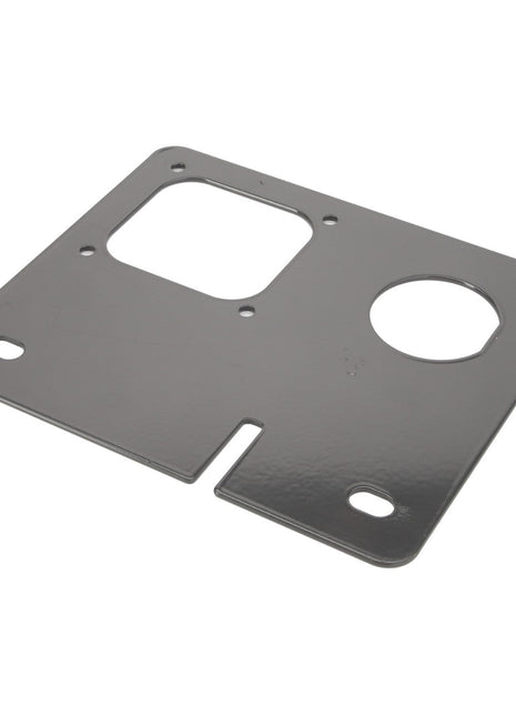 No current product description information is available for the AGCO Bracket - Acw1935290, but this rectangular metal plate features a rectangular cutout, a circular hole, and two smaller holes near the corners.