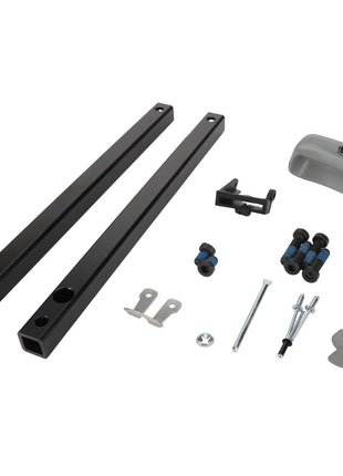 AGCO Kit, Attaching - F842810330080 meticulously arranged on a clean white background, featuring various metal and plastic components like two black rods, screws, nuts, brackets, and a grey plastic cover.