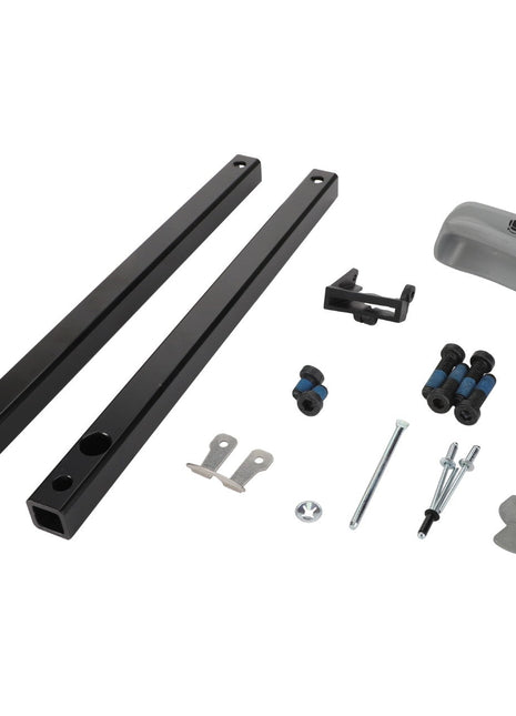 AGCO Kit, Attaching - F842810330080 meticulously arranged on a clean white background, featuring various metal and plastic components like two black rods, screws, nuts, brackets, and a grey plastic cover.