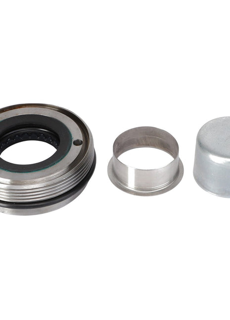 Product Description: The AGCO | RETAINER - AG059807 is a mechanical seal assembly incorporating three metal components arranged in sequence: a complex circular seal unit, a cylindrical part, and a cap-like piece. No additional product description information is currently available for this assembly.