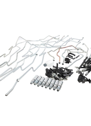 An assortment of AGCO automotive fuel lines, connectors, and brackets (Accessory Code - Acw012828C) laid out in an organized manner on a white background.