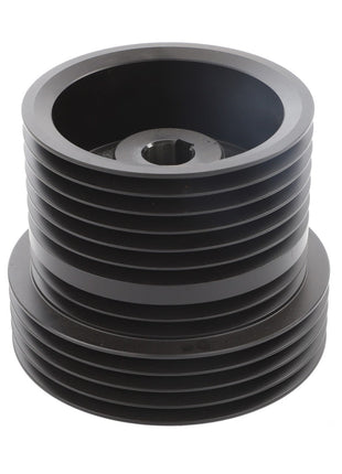 The AGCO Power Take Off Pulley, model D28785025, is a black cylindrical pulley featuring a multi-groove design with a central hole and ribbed exterior, engineered to deliver peak efficiency for maximum uptime.