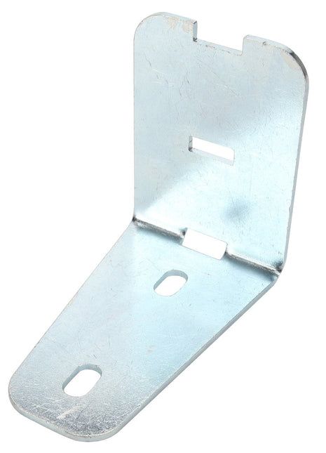 The AGCO | Bracket - Acw2810710, by AGCO, is a metallic L-shaped bracket with rounded edges that features two oval holes on the horizontal part and one oval hole on the vertical part, optimized for versatile applications.