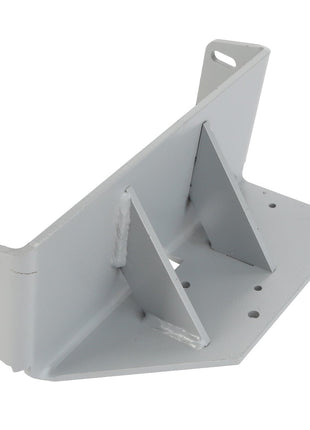 Introducing the AGCO Bracket - D28580492: A gray metal bracket with a rectangular base featuring multiple holes, angled supports, and two vertical extensions with slots.