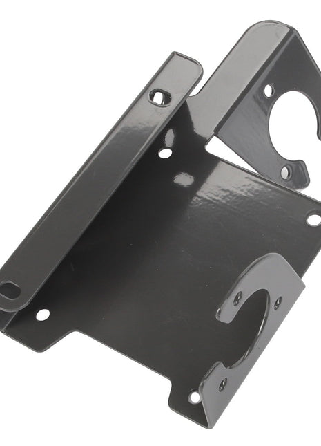 The AGCO | Bracket - Acw0676560 by AGCO is a versatile gray metal bracket featuring multiple holes and curved slots, making it ideal for securely mounting or supporting various types of equipment.