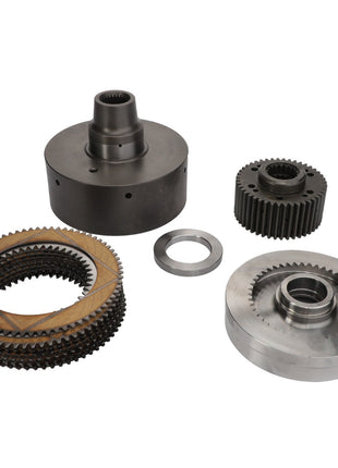 A set of mechanical gears and components from AGCO, including multiple ring gears, a circular cogwheel, a cylindrical gear, and other metal parts, arranged on a white background. Please note: No current product description information is available for the AGCO | REPAIR KIT - U926150110000.