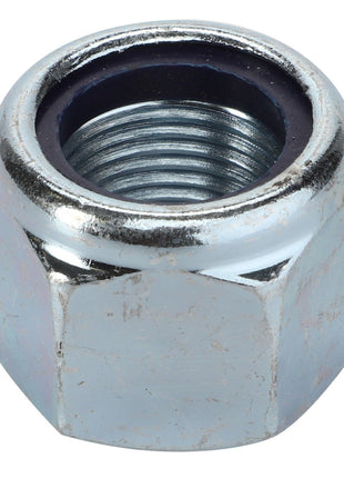 AGCO's Nut - Va022438: Close-up of a metallic hex nut with internal threading and a black inner ring.