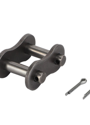 The AGCO | Connecting Link - Acw8473060 is a metal roller chain connecting link that includes two cotter pins, though there is no current product description information available.