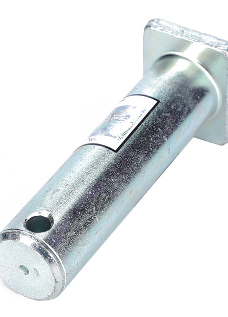 A metal rod with a flat square end, a hole near the other end, and a sticker featuring text and an image from AGCO Parts; specifically, the AGCO Clevis Bolt, Top Link - F835870050060.