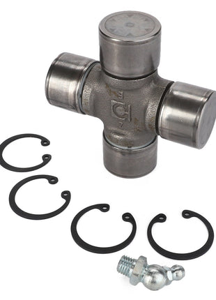 A universal joint, the AGCO | SPIDER - D45622700, featuring retaining clips and a grease fitting arranged nearby on a white background.