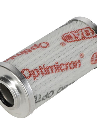 A cylindrical AGCO hydraulic filter cartridge, model Acv0238410, with metal end caps and a white body featuring red text reading "Optimicron," designed for high dirt holding capacity.