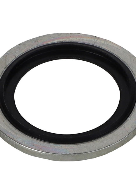 A metal washer with a black rubber inner ring, viewed from an angle. Product: AGCO WASHER - AL5013905 by AGCO. No current product description information available.