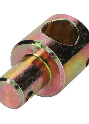 Close-up of the AGCO Fixing Shaft - Acw0673980, a metallic cylindrical component with a circular flange and a square cut-out on its upper side. The piece is made of a shiny material with a yellowish-green tint. No current product description information is available.