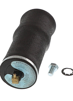 Close-up of the AGCO SEAT - AG721181, an industrial-grade electrical connector featuring a black textured grip, a metal coupling nut, and a connecting bolt with washer placed beside it on a white background. No current product description information is available for this item.