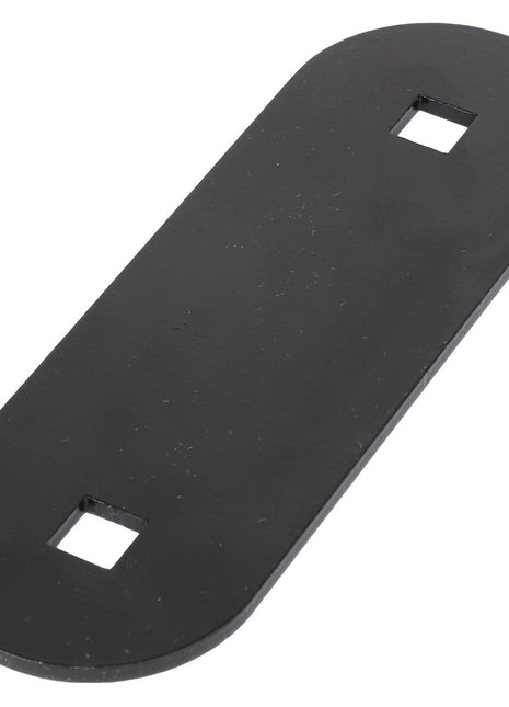 The AGCO | MOUNTING PLATE - AG236763 is a rectangular black metal plate featuring rounded ends and two small square cutouts; no additional product description information is available.