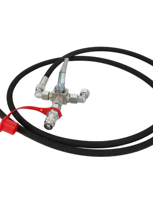 The AGCO Hose Line - Fel150397 features a coiled hydraulic hose with durable metal fittings and a striking red safety cap on one end.