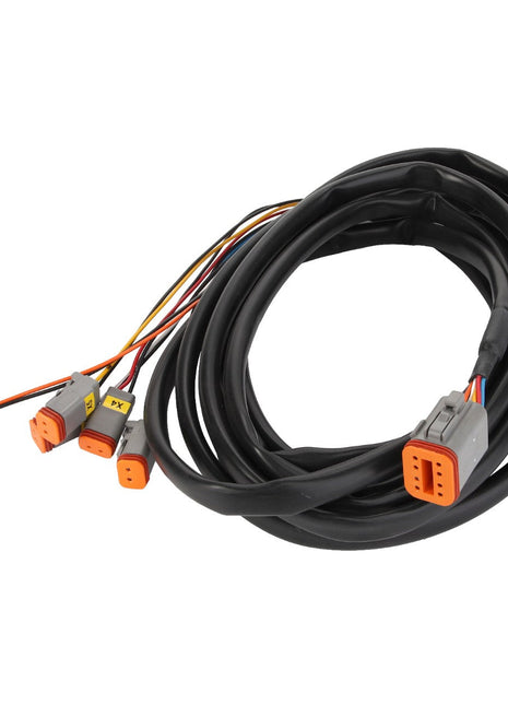 The AGCO Cable - Acp0295550 features a coiled black cable with four connectors: three small gray and orange connectors attached to colored wires, and one larger gray and orange connector. Currently, there is no product description available.