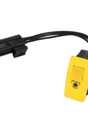 A compact black and yellow electrical connector from AGCO, named the Switch - Acp0367410, features two cables extending from it. The yellow part incorporates a switch button bearing a symbol that resembles a cooling fan.