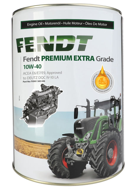 A 20L canister of AGCO | Fendt Premium Extra synthetic engine oil, featuring a tractor and engine image, with specifications including ACEA E6/E7/E9 approved, 10W-40, and compliant to DEUTZ DQC IV-10 LA (Fx991500446).