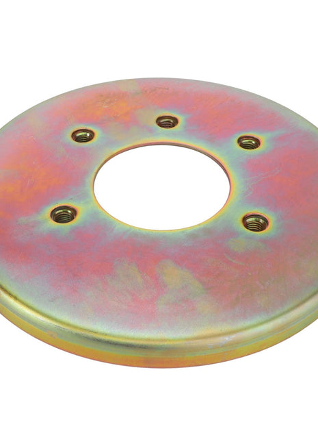 No current product description is available for the AGCO Protective Washer - Fel140057. This round metal flange features a central circular hole and four smaller holes evenly spaced around it, with a surface that boasts a multi-colored finish.