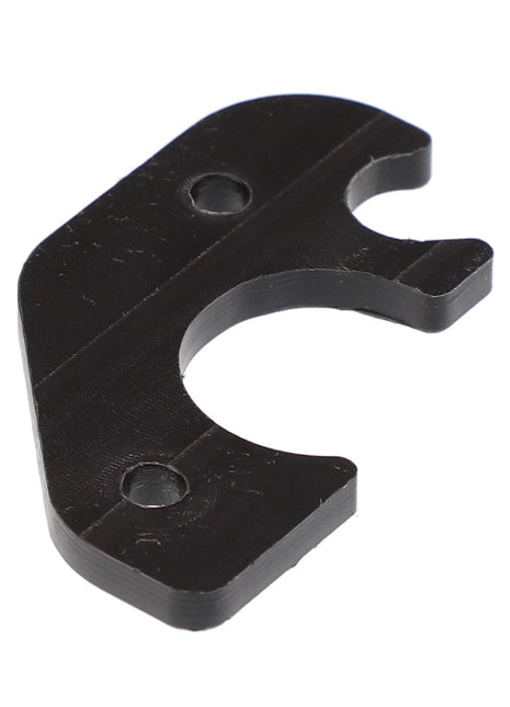 A black, flat, irregularly shaped plastic clip with two holes and a notched cutout on one side. This product is known as the AGCO Hook - Acw7088660 from the brand AGCO. No current product description information is available.