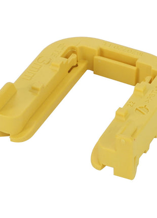 Introducing the AGCO Locking Wedge - F530200230130: a yellow plastic cable routing clip featuring an open-ended U-shape and multiple slots for securely organizing cables.