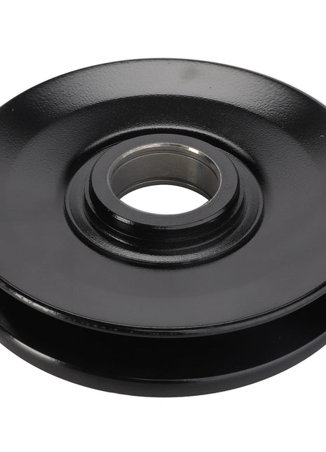 The AGCO PULLEY - D28752130, a sleek metal pulley featuring a smooth, circular design and central hole, is showcased on a pristine white background.