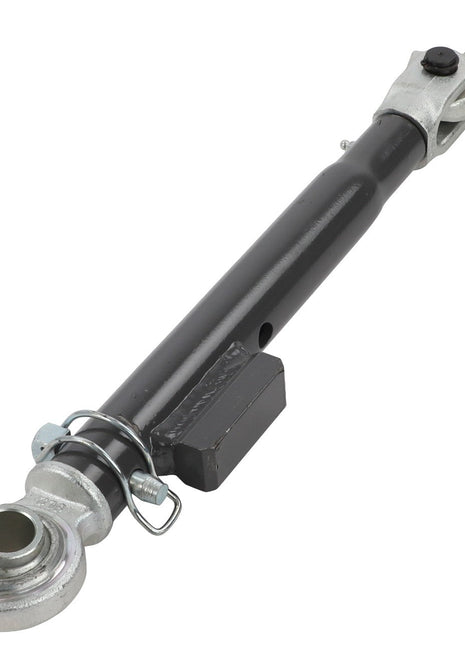 The AGCO | Stabiliser - Acw173942A, a black and silver metal machinery part with cylindrical and jointed ends, features bolts and pins for adjustment and attachment. No product description needed for identifying this essential component.