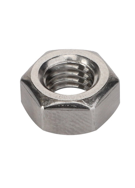 A close-up of an AGCO Hex Nut - Acw6162730, made from stainless steel with internal threading, used for fastening bolts.