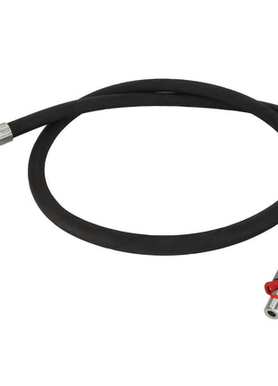 The AGCO | HOSE - AL9032521 is a black rubber hose featuring metal fittings on both ends: one with a 90-degree angle and the other straight.