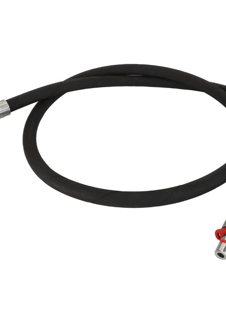 The AGCO | HOSE - AL9032521 is a black rubber hose featuring metal fittings on both ends: one with a 90-degree angle and the other straight.