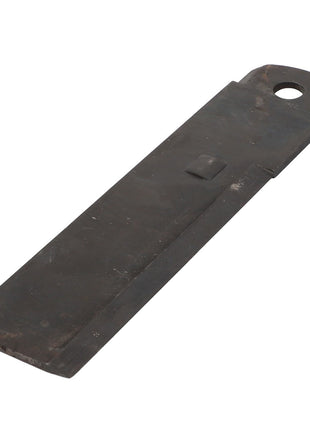 The AGCO | KNIFE - ACY1526760, from the renowned brand AGCO, is a robust metal lawn mower blade with a rectangular shape and a convenient hole at one end for easy attachment.