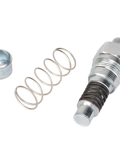 A metal spring, a cylindrical cap, and the AGCO | COUPLER - AL10550382 threaded metal component featuring a hex nut and a ribbed section are meticulously arranged on a white background.