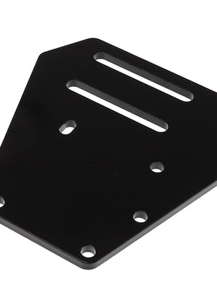 The AGCO | PLATE - AL302699 by AGCO is a black, flat, irregularly shaped metal plate with several holes and two elongated slots, ideal for securely mounting or fastening various components.