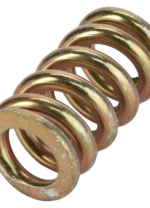 A close-up image of the AGCO Spring - Acp0397200. The spring, produced by AGCO, is made of thick gold-colored metal with visible wear from use.