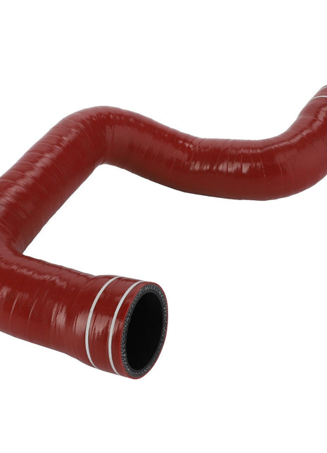 AGCO's Hose - Acw0515920 features a red, flexible design with a smooth, ribbed exterior and black interior. It is uniquely bent in a zigzag shape and includes two white bands near the ends for added detail.
