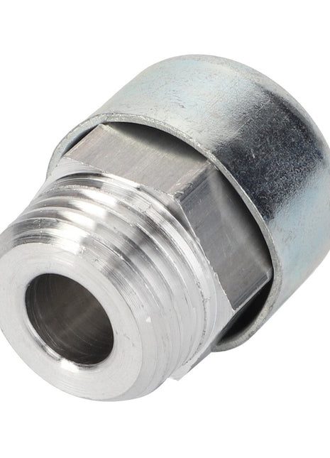 Title: AGCO Breather Plug - La312974500 by AGCO, Featuring a Hexagonal Middle Section

Description: A metal threaded pipe fitting with a hexagonal middle section, displayed on a white background. Detailed product description currently unavailable.