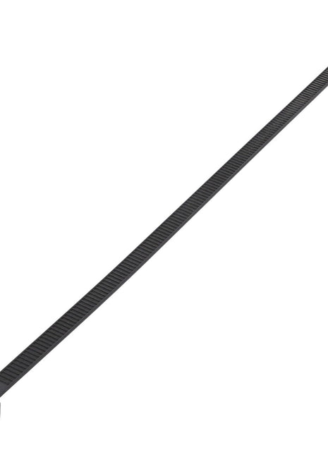 A single AGCO | CABLE TIE - D45039100 in black features a textured surface and a robust locking mechanism at one end, designed for efficiently bundling and securely fastening items.