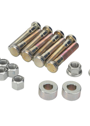 A meticulously arranged AGCO Adapter Kit - Acw0392850, consisting of metallic bolts, nuts, and washers, displayed on a pristine white background. The cylindrical bolts feature precisely threaded ends, and the nuts and washers maintain a perfectly circular form.