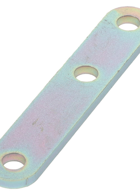 A flat, rectangular metal plate, known as the AGCO | Sensor Arm - Acx2754270 by AGCO, features three evenly spaced circular holes but currently has no additional product description information available.