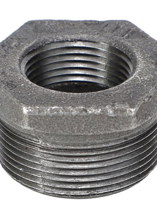 The AGCO BUSH - AG554812 is a hexagonal metal reducing bushing with both internal and external threading, designed for connecting pipes of varying sizes.