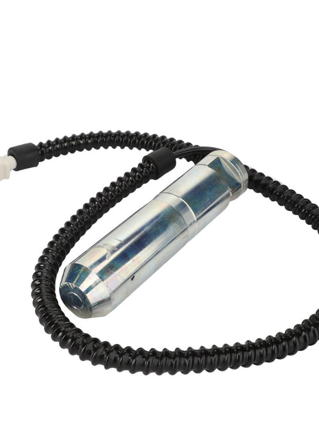 The AGCO | LOAD BOLT - F816860070011 by AGCO features a cylindrical metal sensor with an attached coiled black cable that seamlessly terminates in a sleek white connector.
