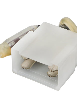 A close-up image of the AGCO Connector - Acp0672900, a white plastic electrical connector featuring visible metal terminals inside. No current product description available.