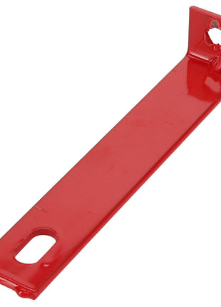 The AGCO | SPACER - D28181340 is a red, flat metal tool known for its versatility. It features a bent end with one hole and slot, while the other end has a single hole. No additional product description information is available at this time.