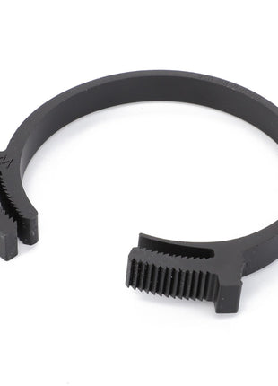 The AGCO | Clip - 3009326X1, a black plastic clamp with serrated teeth at both ends, is used for securing or fastening objects. No current product description available.