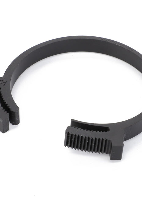 The AGCO | Clip - 3009326X1, a black plastic clamp with serrated teeth at both ends, is used for securing or fastening objects. No current product description available.