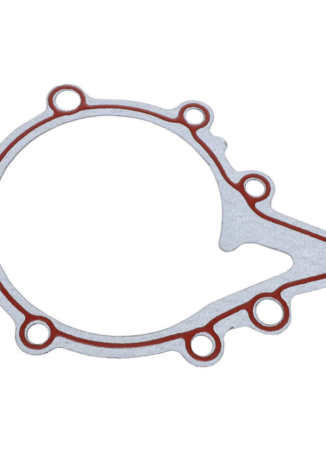 An image of the AGCO | Joint - Acp0375070 metallic engine gasket by AGCO, featuring a circular design with six bolt holes and an extended tab on one side. No current product description available.