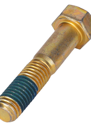The AGCO Hex Cap Screw - Acw7052780, a golden-colored hex bolt with a partially threaded shaft and blue thread locker on the threads, is brilliantly highlighted against a white background.