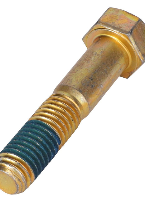 The AGCO Hex Cap Screw - Acw7052780, a golden-colored hex bolt with a partially threaded shaft and blue thread locker on the threads, is brilliantly highlighted against a white background.