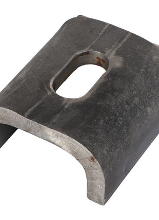 A close-up of the AGCO | SUPPORT - AL10834147, a metallic, curved bracket with a rectangular hole in the center. The bracket displays a worn, slightly corroded appearance. No current product description information is available for this item.